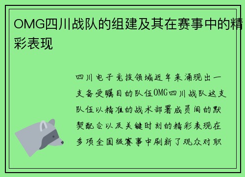OMG四川战队的组建及其在赛事中的精彩表现